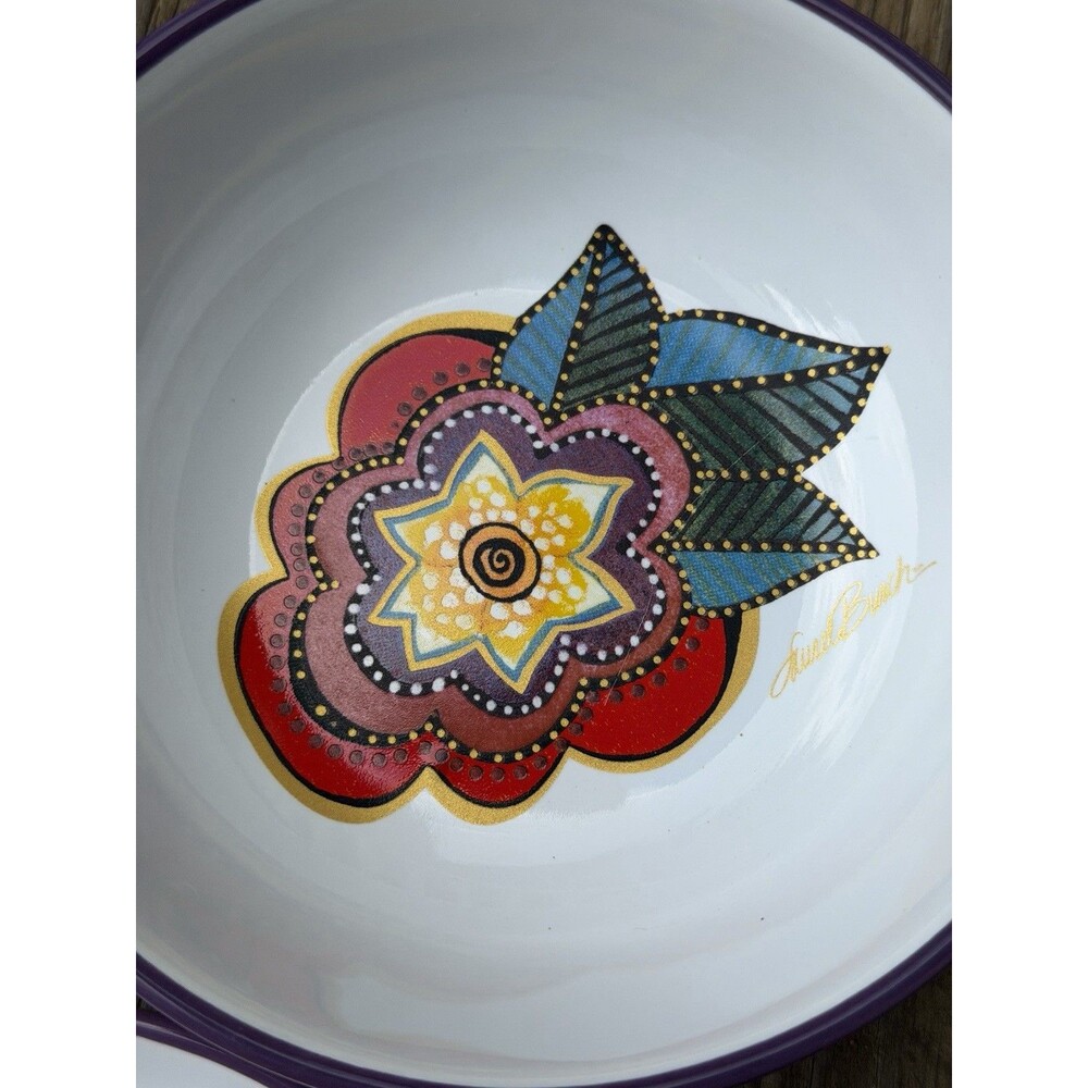 Laurel Burch Cat Floral Ceramic Plate & Bowl Set of 2 Purple 6” - Picture 3 of 14